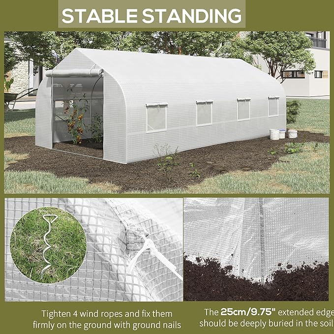 Outsunny 20' x 10' x 7' Walk-in Greenhouse Tunnel Green House with Galvanized Steel Frame Hoop House Kit with Zippered Door and 6 Windows White