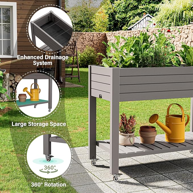Raised Garden Bed with Wheels Divisible Resin Planter Box with Drainage Gauge &amp Storage Shelf Herb Planter for Garden Patio Backyard Gray (33.7 h)