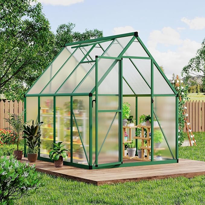 6×7FT Greenhouses for Outdoors Aluminum Polycarbonate Greenhouses with Roof Vent - Heavy-Duty Walk-in Green Houses for All-Season Backyard Gardening