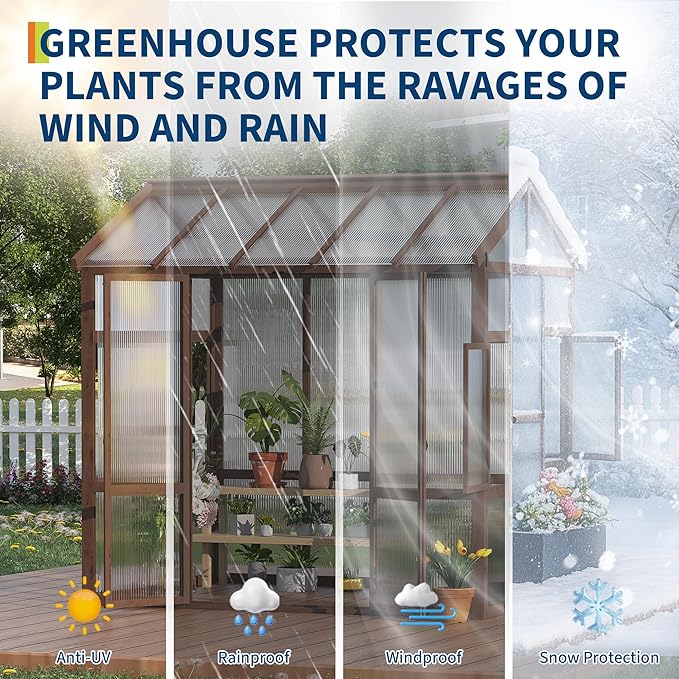 6x8 ft Wooden Greenhouse for Outdoor - Heavy Duty Walk-in Green House Kit with 6 mm PolycarbonateVentilated Window &amp Lockable Door for BackyardPatioLawn