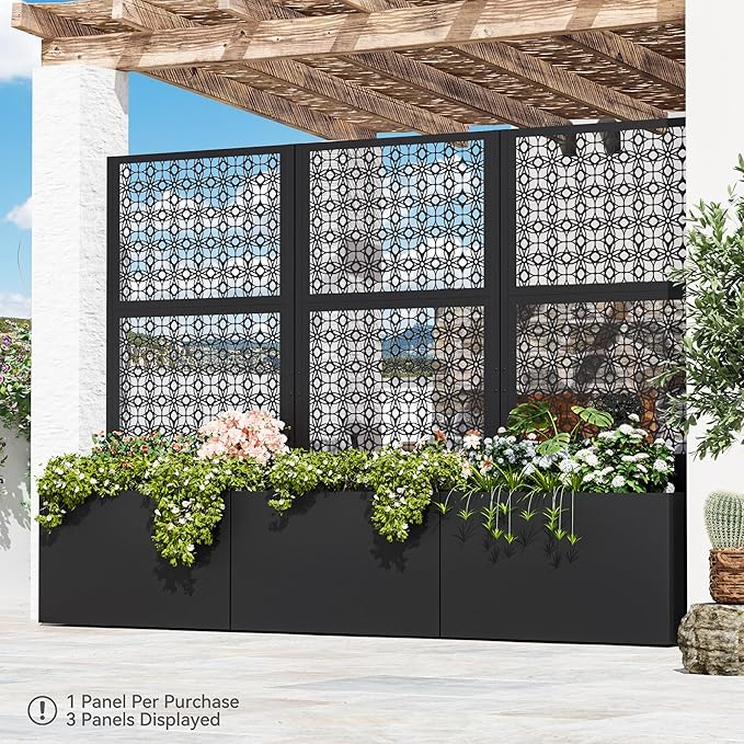 Modern Shade Metal Planter Box with Trellis Privacy Screen 4x6 FT Large Raised Garden Bed Multi-Functional Privacy Screen Outdoor with Drainage Holes for Climbing Plants Petal Weave