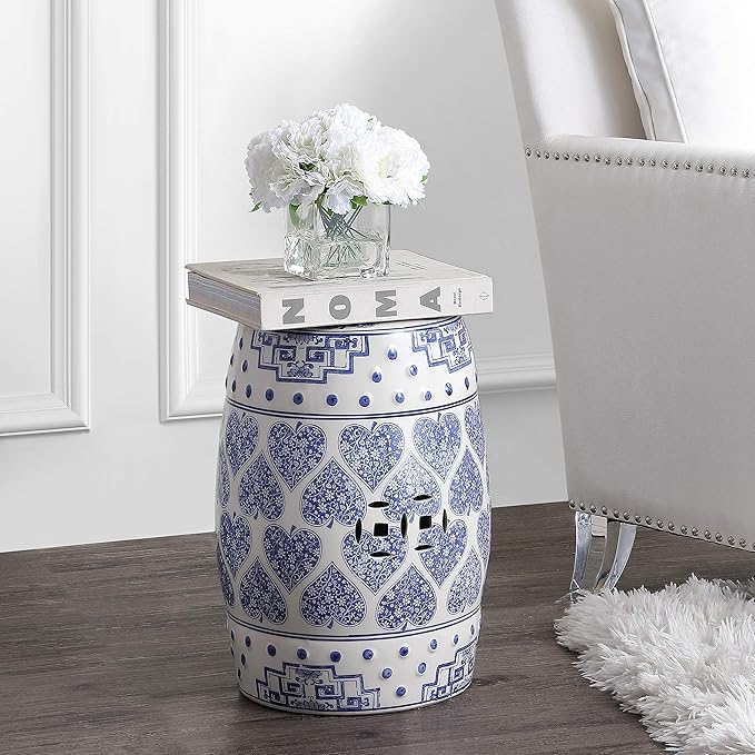 JONATHAN Y TBL1014A Happy Hearts 17.8 Chinoiserie Ceramic Drum Indoor/Outdoor Garden Stool Bohemian Coastal Cottage French Country Traditional Side Table Plant Stand Spill-Proof Blue/White