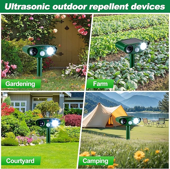 2 Pack Solar Animal Repeller for Raccoons Deer &amp Squirrels - Ultrasonic &amp Strobe Light Outdoor Deterrent for Cats Dogs Raccoons Rabbits Skunks Foxes &amp More