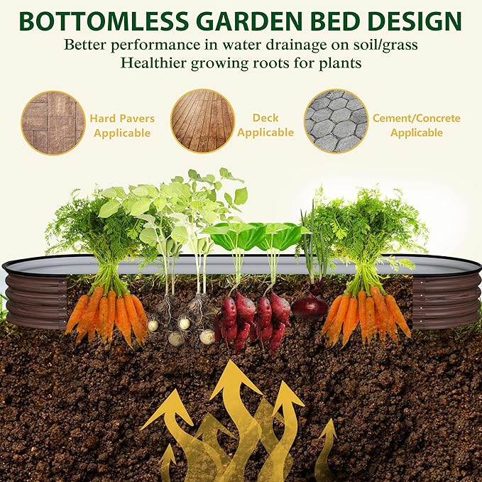 BlueWish 8x2x1FT Raised Garden Bed 11.1” H Galvanized Raised Garden Bed with Bottomless Rubber Strip 9-in-1 Modular Raised Planter Box Outdoor for Vegetable Flower Rustic Brown