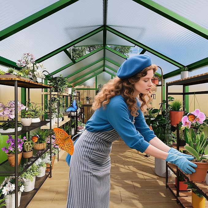 6 X 10 FT Greenhouse Outdoor Greenhouses Polycarbonate Panels with Aluminum Frame Adjustable Roof Vent and Lockable Door Green Houses for Outside Backyard Garden Patio
