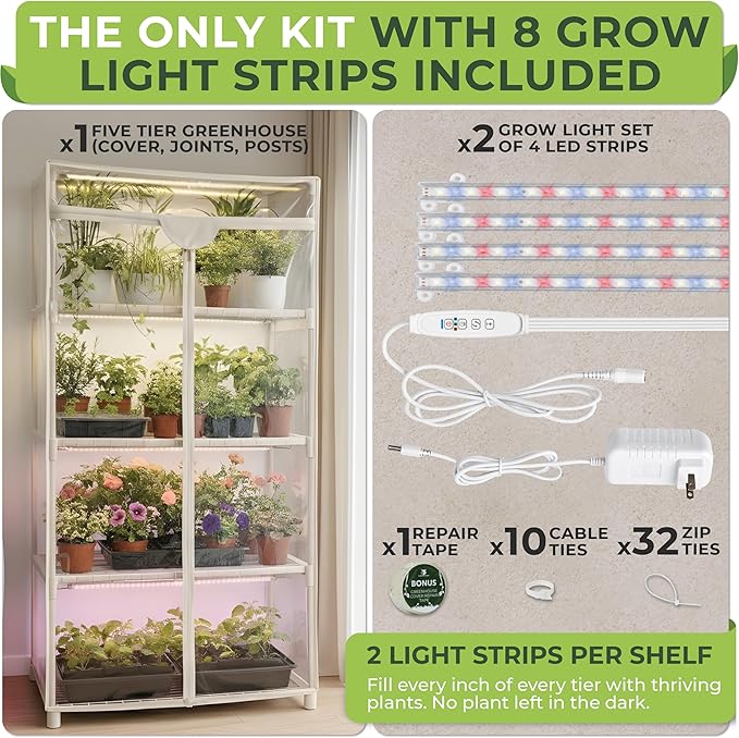 Carpathen Indoor Greenhouse with Grow Lights - 4 Tiers 27.2L x 19.3W x 54H with 8 Dimmable 15W Full Spectrum LED Light Strips and Spectrum Control - Mini Greenhouse with Waterproof Zipped PVC Cover