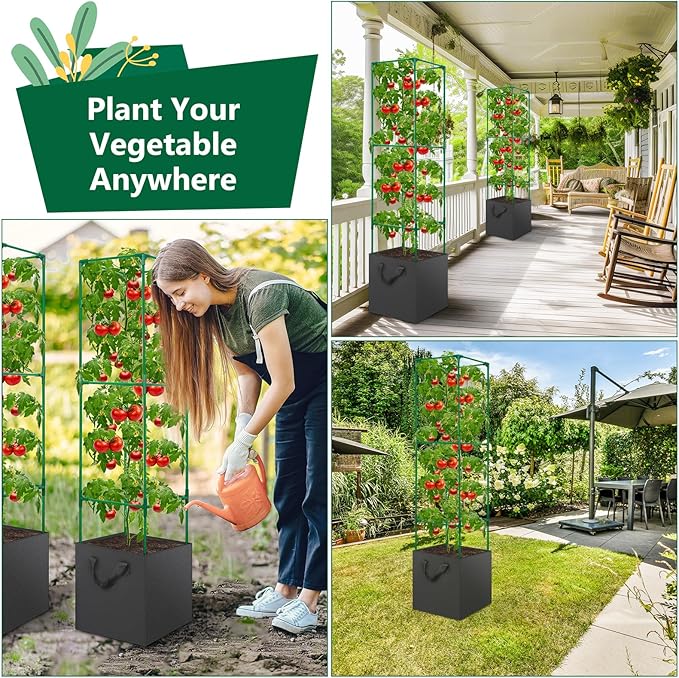 2 Pack Tomato Cages for Garden49-Inch Square Trellis Frame with 7 Gallon Grow Bags Plant Clips Tomato Plant Support Kit for Garden Raised Bed Cucumber Vegetable Climbing Outdoor Indoor