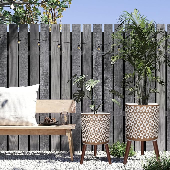 10 &amp 12 Inches Plant Pot with Stand Large Modern Standing Planters for Indoor Outdoor Plants with Drainage Holes Big Gold Floral Embossed Flower Pots with Legs