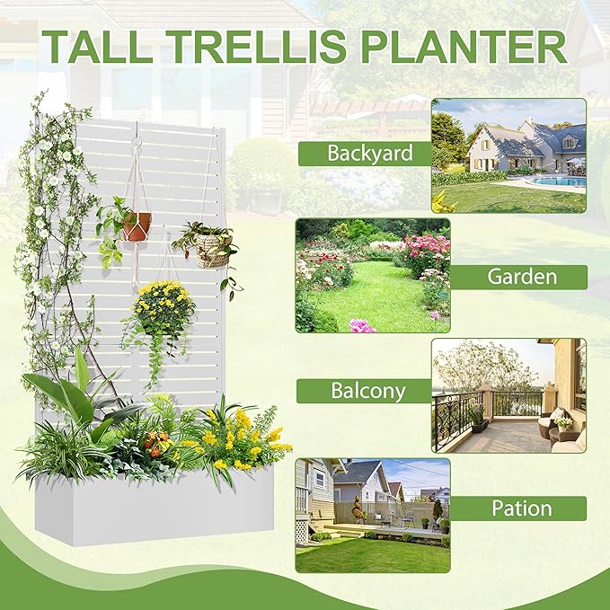 Trellis for Climbing Plants OutdoorMental Garden Bed with Drainage Holes Outdoor Privacy Screen Design Tall planters for herb Flower Vegetables 73x35x16 White-Louvered