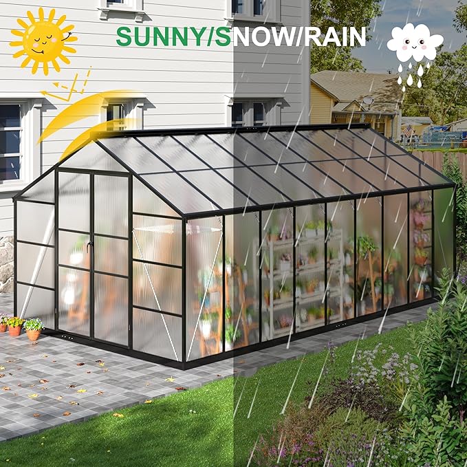 WKM 10x18 FT Greenhouse for Outdoors Walk-in Polycarbonate Greenhouse with Quick Setup Structure and Roof Vent Heavy Duty Green House for Outside Garden Backyard Black