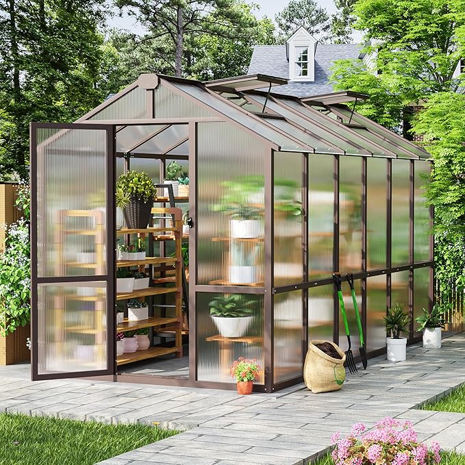 6x12 FT Wooden Greenhouse with Cedar Frame Walk-in Heavy Duty Green House for Outdoors with 6MM Thick Polycarbonate Panel and Adjustable Roof Vents Garden Backyard Patio Lawn Brown