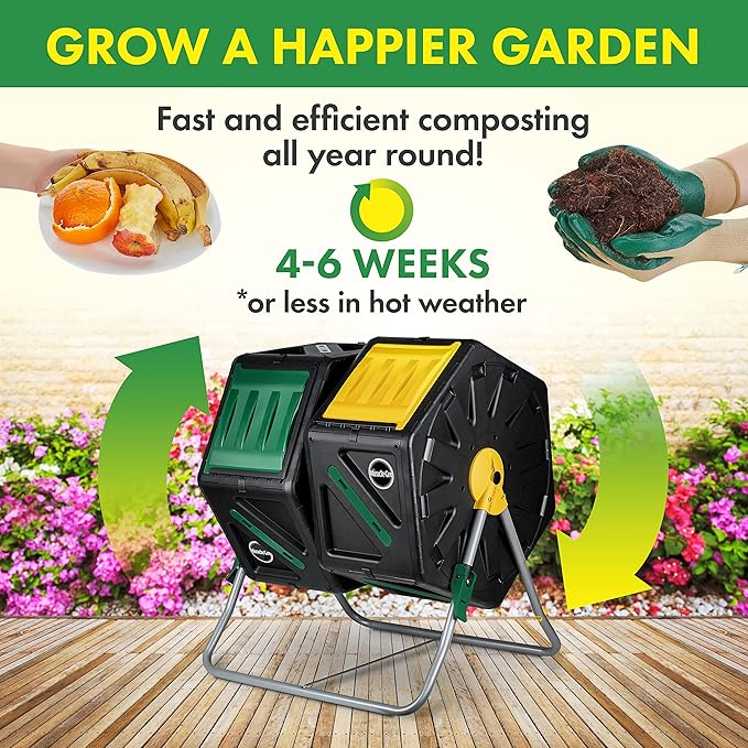 Miracle-Gro Dual Chamber Compost Tumbler – Easy-Turn Heavy-Duty Outdoor Bin Composter with 2 Sliding Doors (2x18.5 Gal/70L