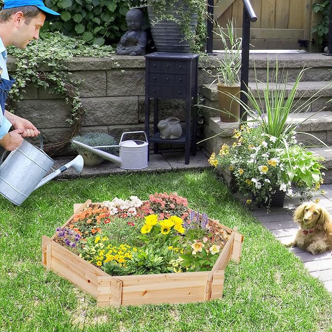 Wooden Raised Garden Bed Hexagon Screwless for Outdoor Plants Vegetables Flowers Herbs 39 x 36 x 6 Natural Wood
