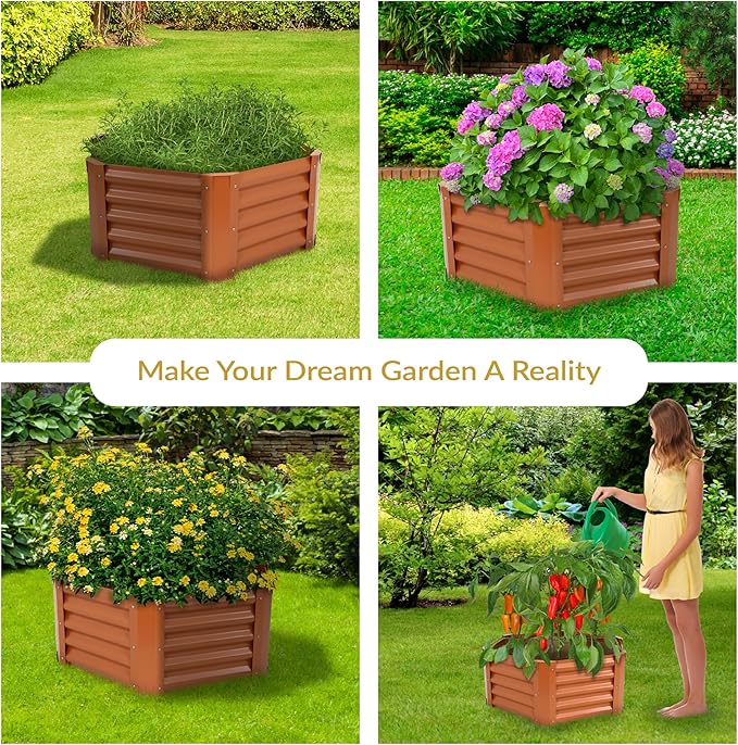 Sunnydaze Galvanized Raised Garden Bed Outdoor - Metal Planter Box for Gardening Vegetables and Plants - 16.25 H Hexagon - Brown
