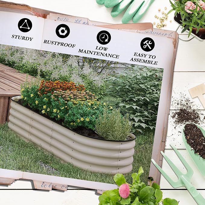 6.5' Galvanized Raised Garden Bed Kit Elevated Metal Planter Box for Flowers Herbs and Vegtables Cream 0.6mm Steel