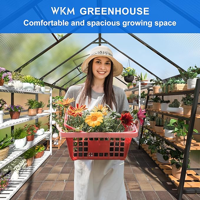 WKM 8x12 FT Greenhouse for Outdoors Quick-fit Structure Polycarbonate Green House with Window for Ventilation Walk-in Aluminum Greenhouse for Outside Garden Backyard Black