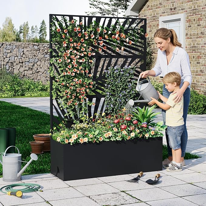Large Metal Raised Garden Bed Planter Box with Trellis – Deep 15.8 for Climbing Plants Vegetables Privacy Screen Drainage Holes Modern Outdoor – 118x40x180cm Palm Leaf Design