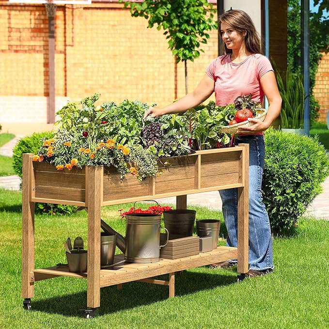 DWVO 47x18x31in Raised Garden Bed Outdoor HDPE with Legs and Lockable Wheels Weather-Resistant Poly-Wood Elevated Planter Box Double Tier Planters for Backyard Patio Balcony Brown