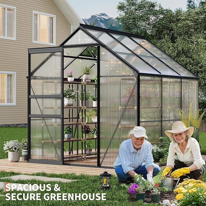 GarveeHome 6x6FT Greenhouse Large Walk-in Polycarbonate Greenhouse with Adjustable Vent Window Sliding Door Portable Green House Kit for Outdoors Winter