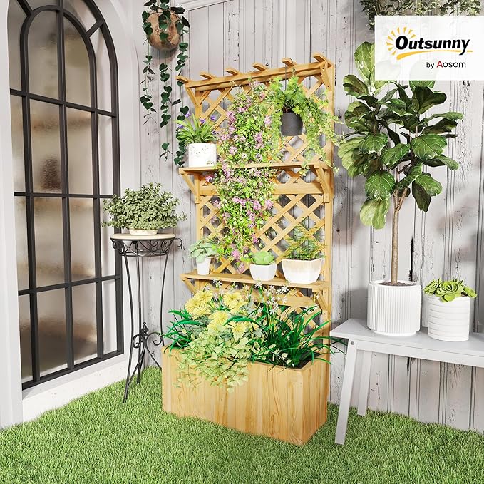 Outsunny Wooden Planter with Trellis Raised Garden Bed with Hanging Roof Plant Shelf Drainage Holes and Bed Liner for Climbing Plants Vegetables Flowers 30 x 13 x 70 Natural