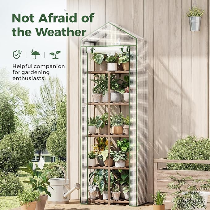 Bamworld 5-Tierd Outdoor Greenhouse 22 L×16 W×81 H Portable Green House with PE Cover Garden and Backyards Plant Shelves with Sturdy Eucalyptus Frame Roof Plant Stand Flower Pot Stand Display Rack