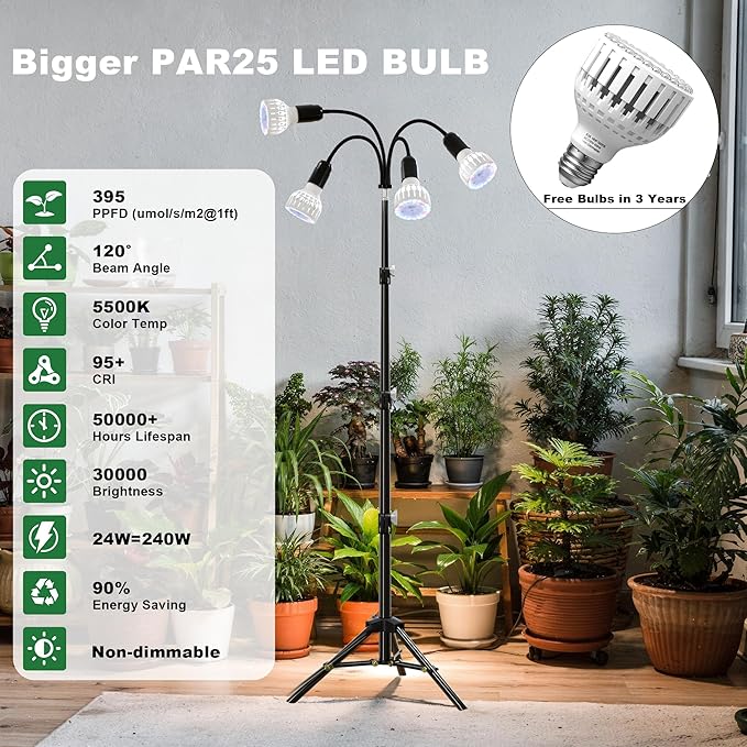 Grow Light 5500K (320 Watts Equiv) White Full Spectrum Plant Growing Lamp for Indoor PlantsLED Bulbs Replaceable