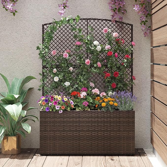 BECOMFORT 58”H Raised Garden Bed with Trellis Tall Wicker Planter Box with Privacy Screen Liner &amp Drainage for Balcony Yard PE Rattan Outdoor Flower Box for Climbing Plants Vegetables &amp Fl