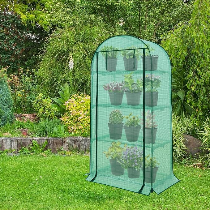 EAGLE PEAK 4-Tier Mini Greenhouse Portable Green House with Shelves &amp Weather-Resistant PE Cover Small Greenhouse for Seedlings &amp Gardening Gifts 32x18x63 in Clear/Green