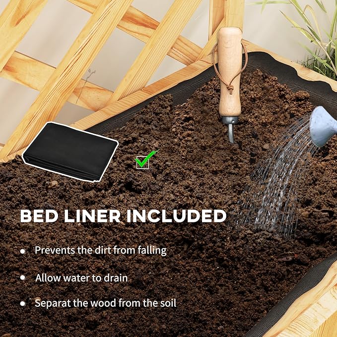 Outsunny Wooden Planter with Trellis Raised Garden Bed with Hanging Roof Plant Shelf Drainage Holes and Bed Liner for Climbing Plants Vegetables Flowers 30 x 13 x 70 Natural