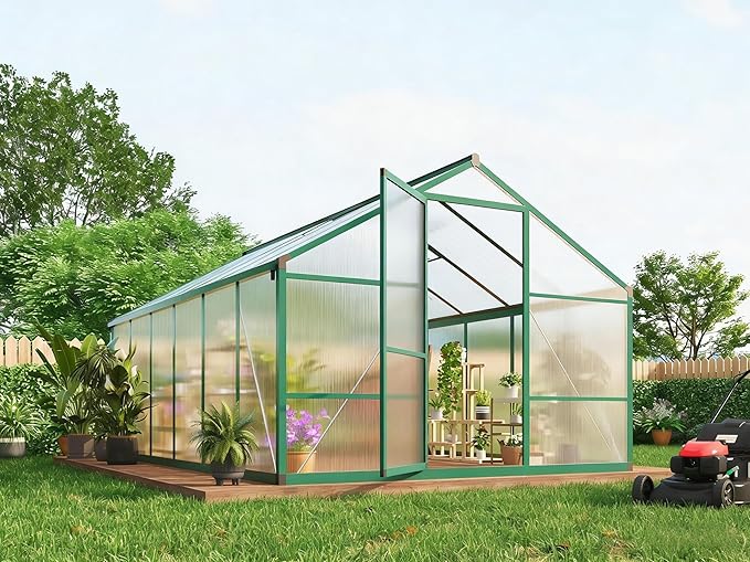 8x12 FT Greenhouse Easy Assembly Aluminum Polycarbonate Greenhouses for Outdoors with Roof Vent Large Aluminum Walk-in Greenhouse for Sunroom Patio Backyard Garden Sliding Lockable Door Green