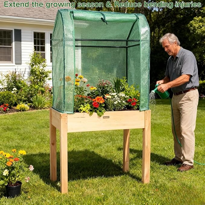Raised Garden Bed with Greenhouse CoverElevated Wood Planter Box with Legs &amp Non-Woven Liner34 L x18 W x 66 H Indoor Outdoor Gardening Bed for Vegetables Herbs Flowers