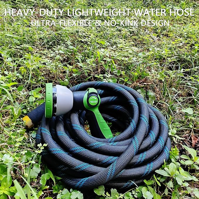 Garden Hose 50FT NON-EXPANDABLE Heavy-Duty Flexible &amp Lightweight Water Hose with 10-Function Nozzle No-Kink Leak-Proof Solid Fittings for Car RV Marine Camper Outdoor Yard Lawn