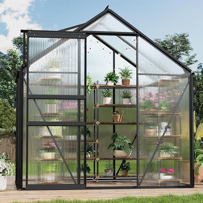 6x4FT Greenhouse for Outdoors Walk-in Polycarbonate Greenhouse with Sliding Door Adjustable Roof Vent &amp Gutter System Portable Outdoor Green House Kit for Winter Gardening