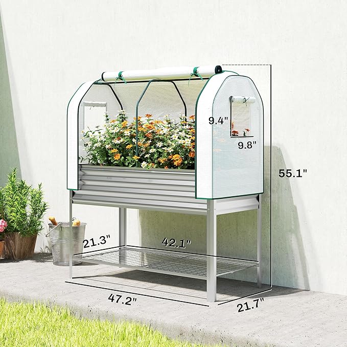 Outsunny Galvanised Raised Garden Bed with Greenhouse Cover Metal Elevated Garden Bed with Legs Bed Liner and Bottom Shelf Outdoor Raised Planter Box for Vegetables Herbs Flowers Silver