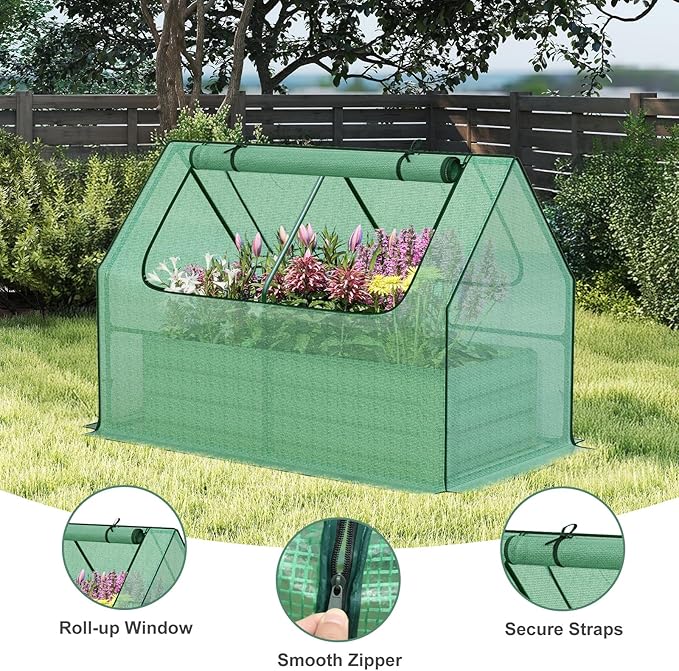 Aoodor Raised Garden Bed Kit 4x2x1 FT Galvanized Planter Box with PE Cover Screen Windows for Gardening Green