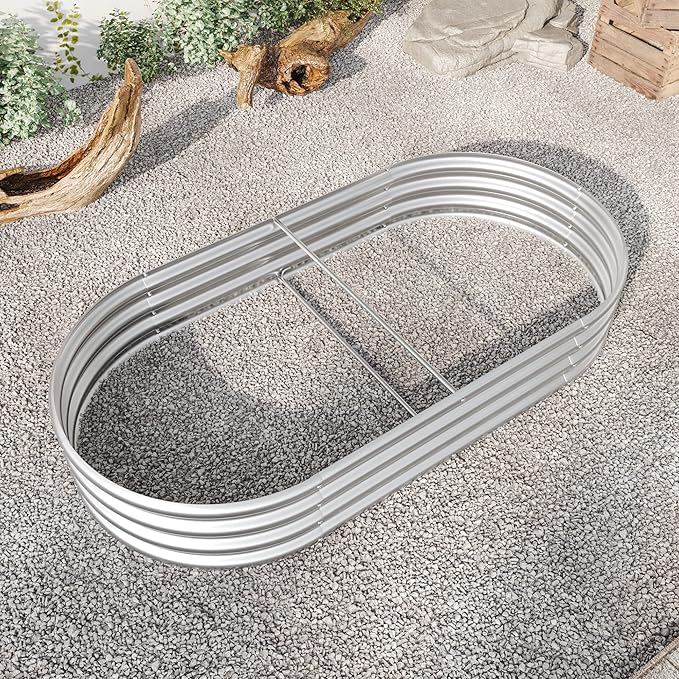 DSHADE Outdoor Raised Garden BedOval Large Galvanized Metal Raised Planter Bed Garden Bed Kit Anti Rust Garden Beds Large Metal Planter Box for for PlantsVegetablesFlowers (Silver)