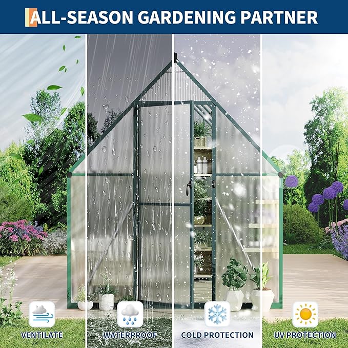 6x7 ft Heavy Duty Polycarbonate Walk-in Greenhouse with Reinforced Aluminum Frame Adjustable Roof Vent and UV Protection Panels for Outdoor Backyard Gardening and Year-Round Plant Care
