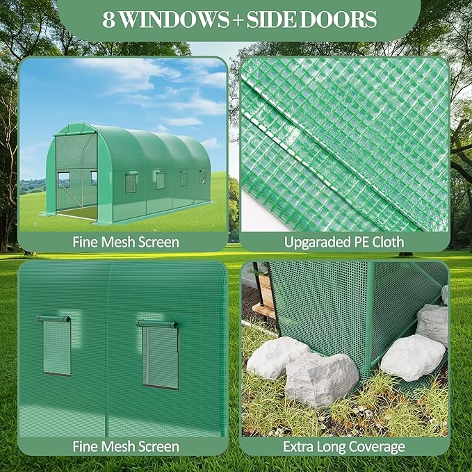 Greenhouses for Outdoors 15’x7’x7’ Walk-In Tunnel Greenhouse with 8 Ventilated Mesh Windows &amp Roll-Up Door &amp Reinforced Frame for Outdoor Gardening Enhanced Galvanized Steel Frame &amp Dura