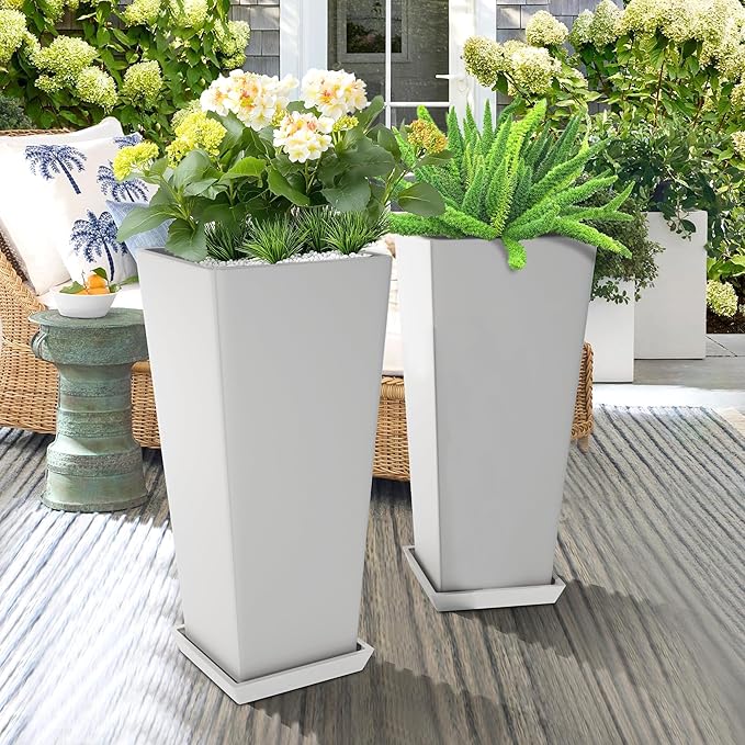 Set of 2 Tall Planters 24 Large Indoor Outdoor Flower Pots with Tray Modern Tapered Planters for Porch Patio Garden Backyard(White)