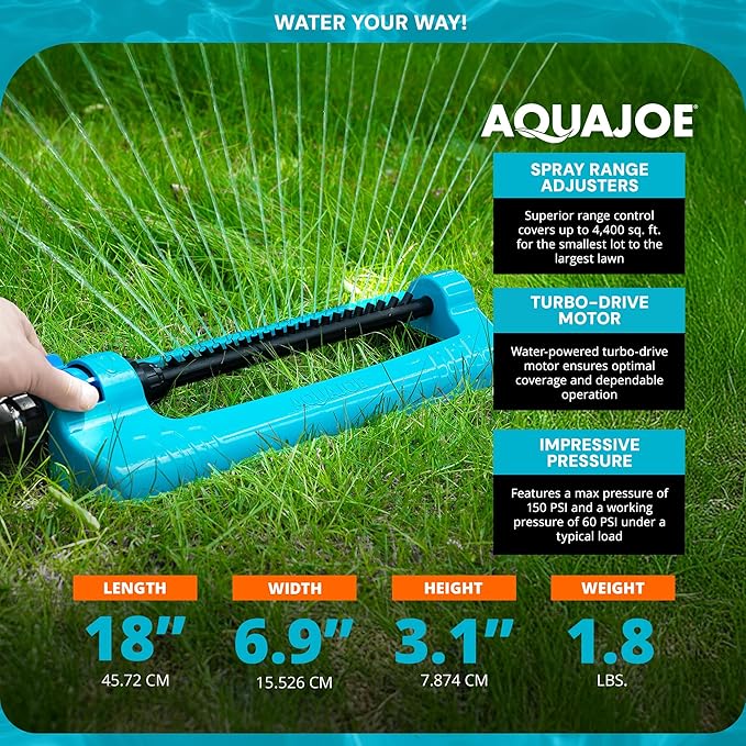 Aqua Joe SJI-OMS20 Jumbo Oscillating Sprinkler with Adjustable Spray and Metal Base Up to 4400-Square-Foot Coverage 70-Foot Spray Distance 63-Foot Spray Width