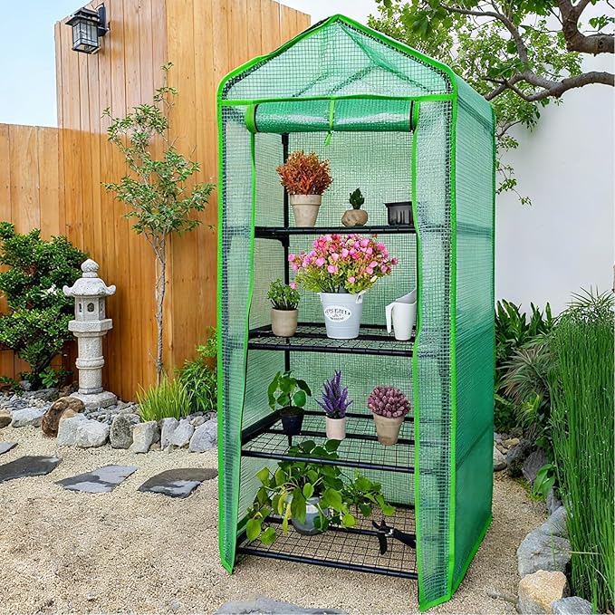 4 Tier Mini Greenhouse - Portable Indoor Outdoor Green House with 24lbs Per Shelf Durable PE Cover &amp Tool-Free Assembly for Garden Balcony Patio Backyard