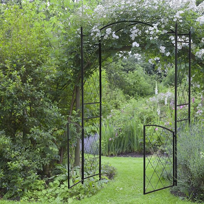 85 Garden Arch Arbor Metal Arch Trellis with Gate Garden Archway for Climbing Vines Wedding Ceremony Decoration Black