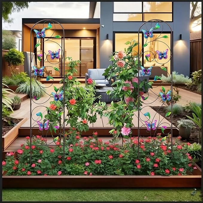 WAIU 2 Pack Butterfly Metal Garden Trellis for Climbing Plants Decorative Outdoor Trellis for Flowers Rustic Garden Decor for Patio Lawn Yard Backyard