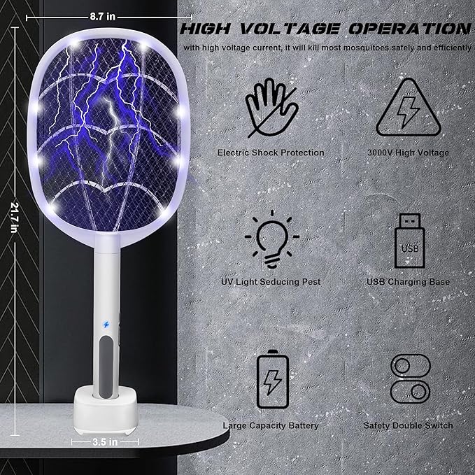 Electric Fly Swatter Rackets 2-in-1 Handhold Bug Zapper with 3000V High Voltage Plug-in Mosquito Killer Insect Light Trap with 3 Layer Safety Mesh Portable for Indoor Outdoor Use (2)