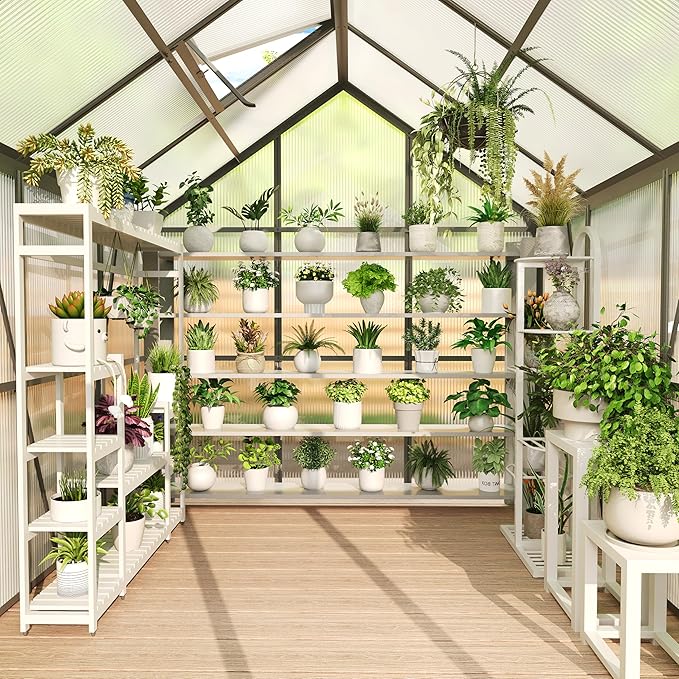 6X6FT Walk-in Polycarbonate Greenhouse Outdoor Weatherproof Greenhouse Kit with Adjustable Roof Vent Sliding Door &amp Gutter Drainage Portable Green House for Patio Backyard Winter Gardening