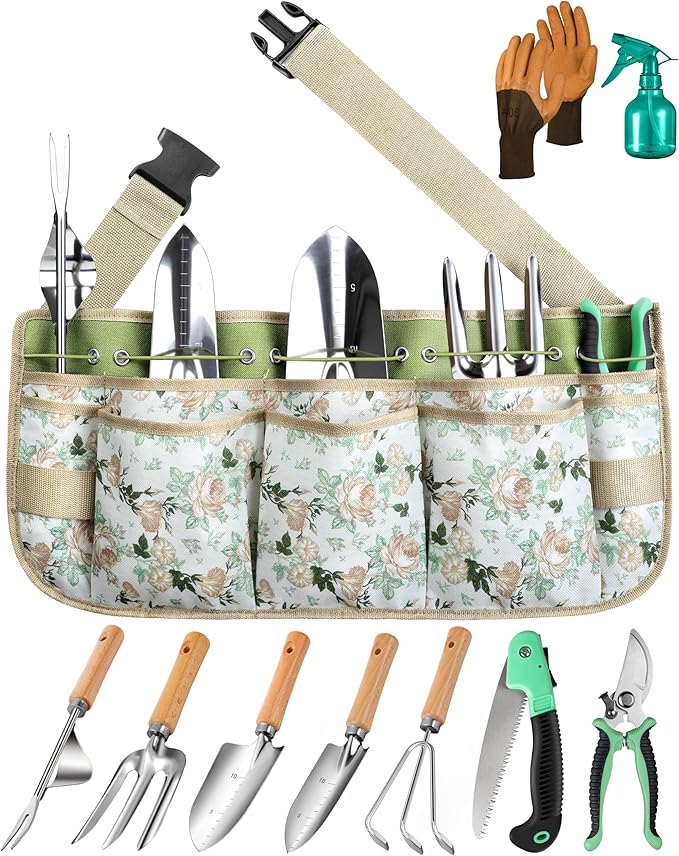 All-in-One Garden Tool Set with Tools Organizer Belt Adjustable 10-Piece Gardening Hand Tools Long Lasting Rust-Proof Premium Garden Tool Kit Gardening Gift for Women Men (Green)