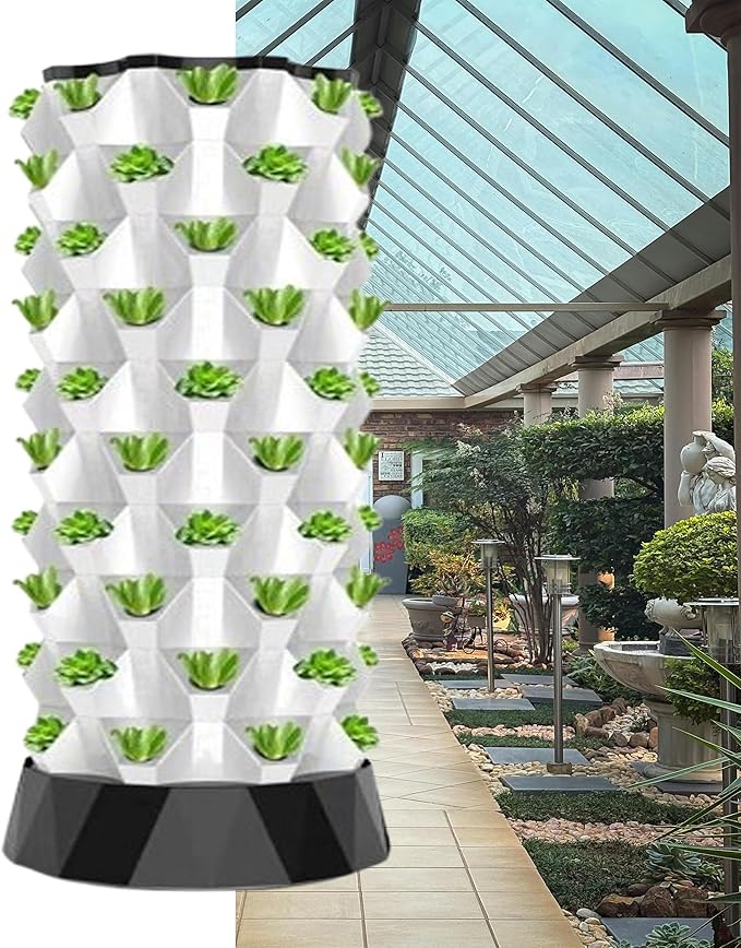 Hydroponics Growing SystemHydroponics Growing Tower Planter Tower Hydroponics Growing Sys Kit with Water Pump Hydroponic Tower Starter Kit Vertical Hydroponic PlanterWhite-48holes
