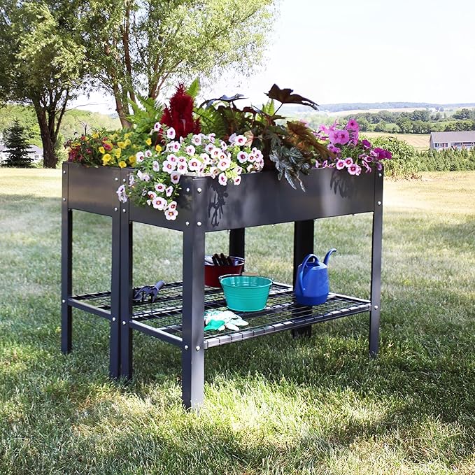 Sunnydaze Galvanized Steel Raised Garden Bed - Set of 2 Elevated Planter Boxes - Individual or Connected Use - Features Lower Storage Shelf – Dark Gray