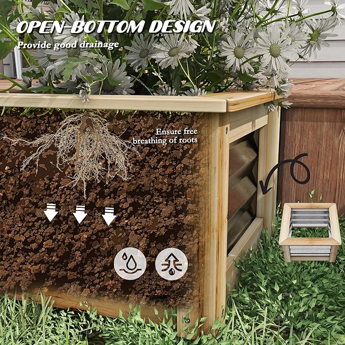 Outsunny Raised Garden Bed Set of 2 Stock Tanks for Growing Flowers Galvanized Metal Reinforced with Wood Planters for Outdoor Plants Herbs and Vegetables