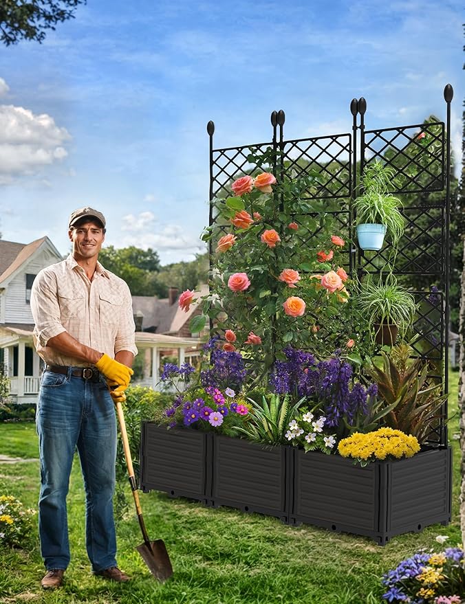3PCS Modular Raised Garden Bed Planter Box Kit with Metal Trellis – Vertical Garden Lattice for Climbing Plants Vegetables Flowers – Outdoor Patio Privacy Screen for Balcony Deck Small Spaces –